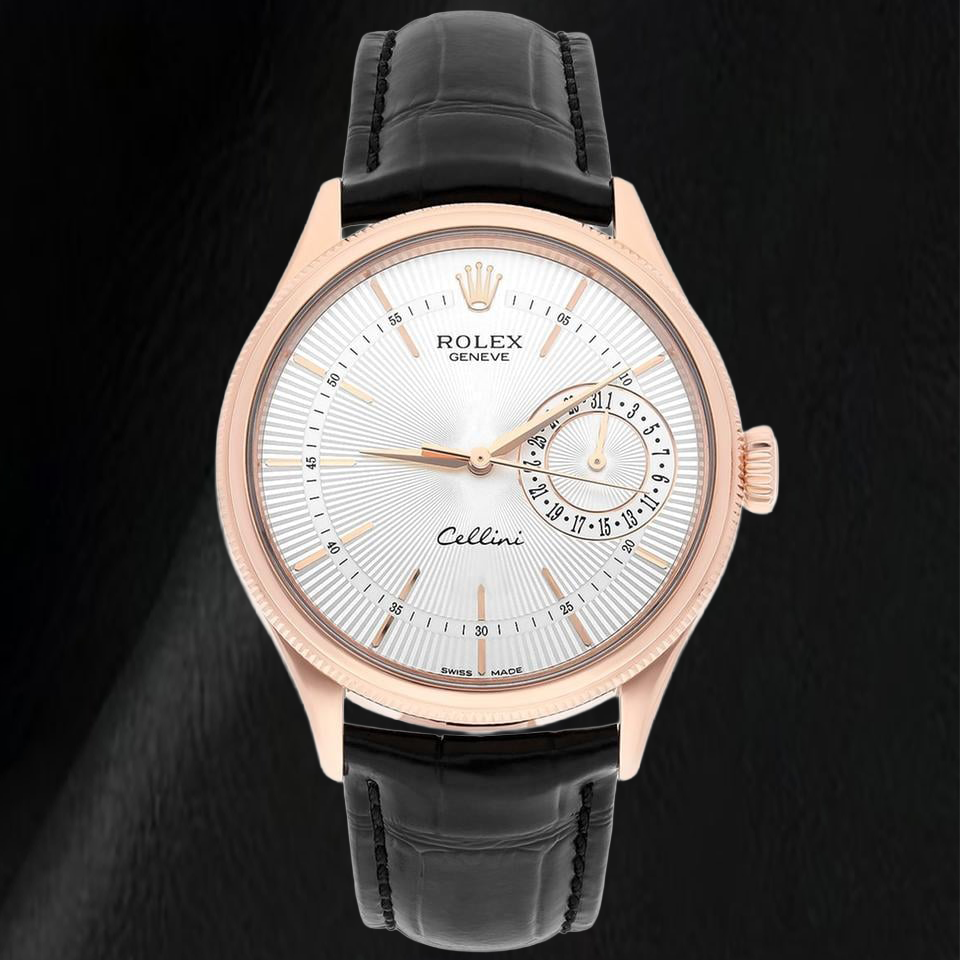 Orologio Rolex Oyster Perpetual 50515 39 mm in Oro Rosa con Quadrante Argento con Indici a Bastone e Cinturino in Pelle Nera