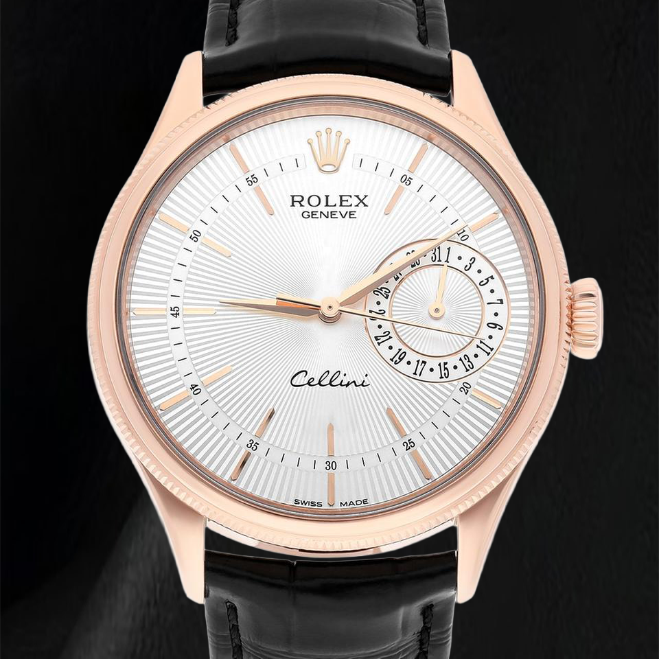 Orologio Rolex Oyster Perpetual 50515 39 mm in Oro Rosa con Quadrante Argento con Indici a Bastone e Cinturino in Pelle Nera