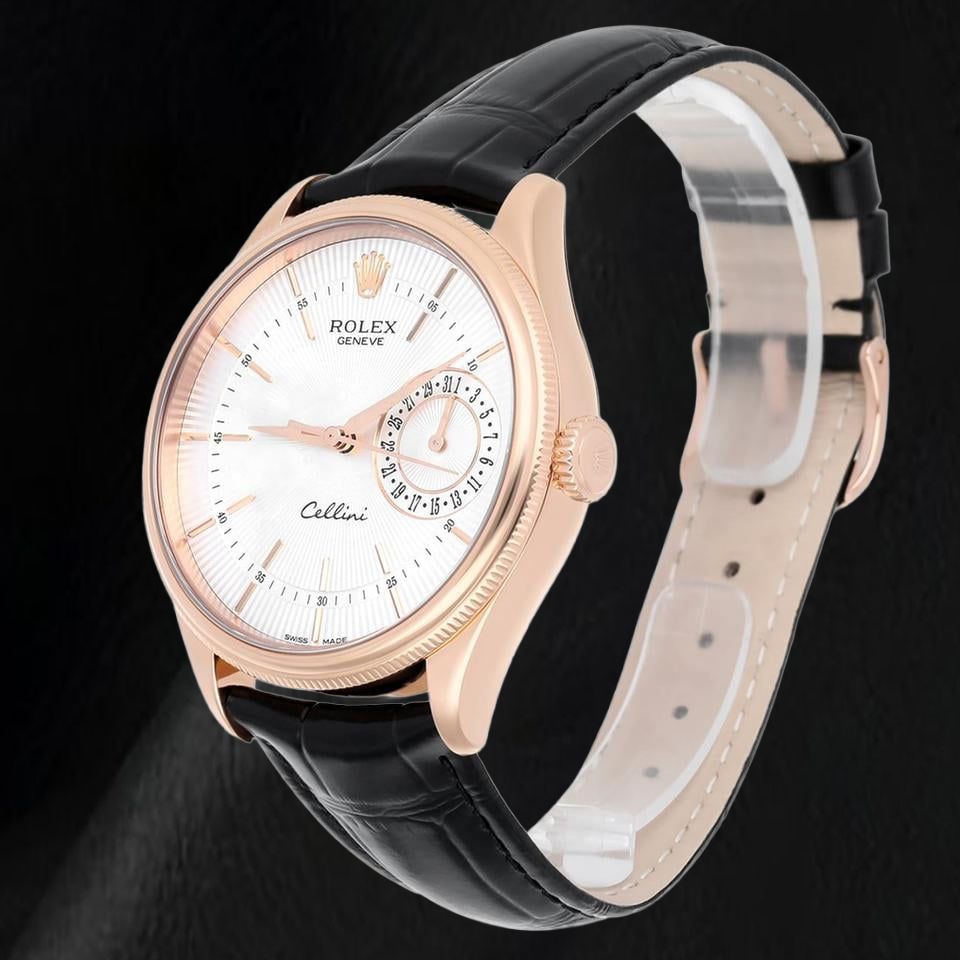 Orologio Rolex Oyster Perpetual 50515 39 mm in Oro Rosa con Quadrante Argento con Indici a Bastone e Cinturino in Pelle Nera