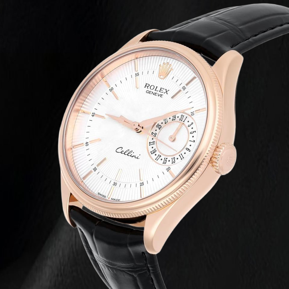 Orologio Rolex Oyster Perpetual 50515 39 mm in Oro Rosa con Quadrante Argento con Indici a Bastone e Cinturino in Pelle Nera