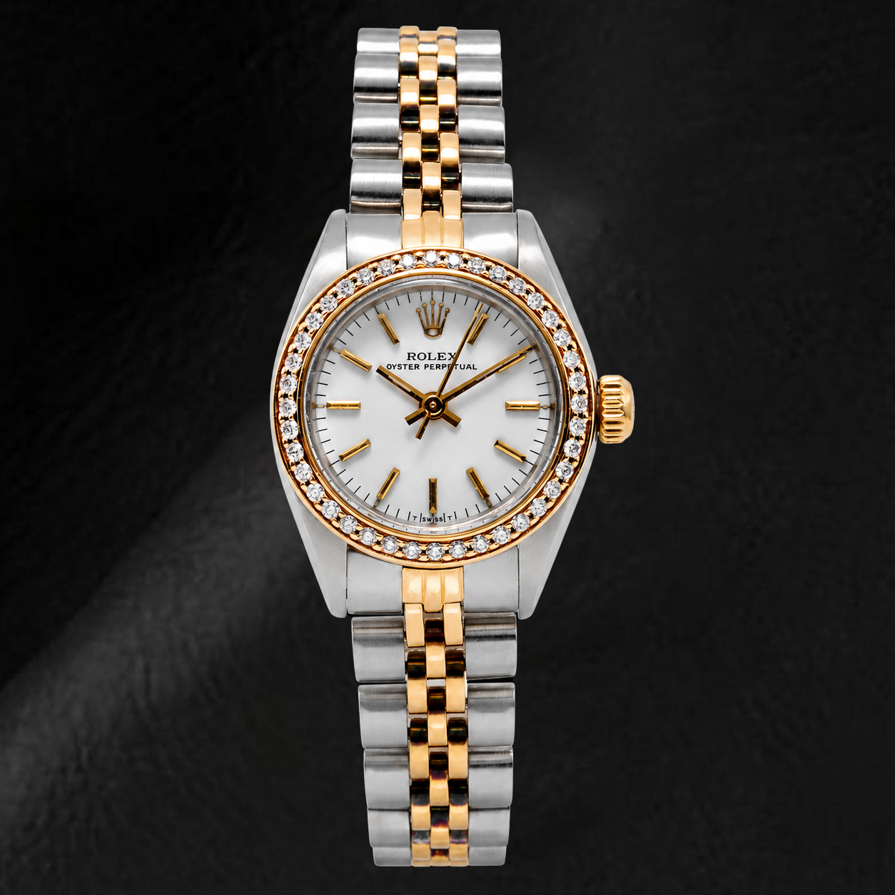 Orologio Rolex Oyster Perpetual 67193 26 mm Quadrante Bianco con Indici a Bastone Bicolore Bracciale Jubilee