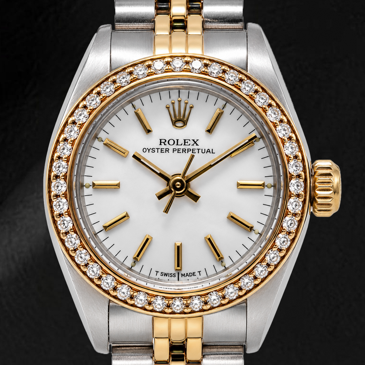 Orologio Rolex Oyster Perpetual 67193 26 mm Quadrante Bianco con Indici a Bastone Bicolore Bracciale Jubilee