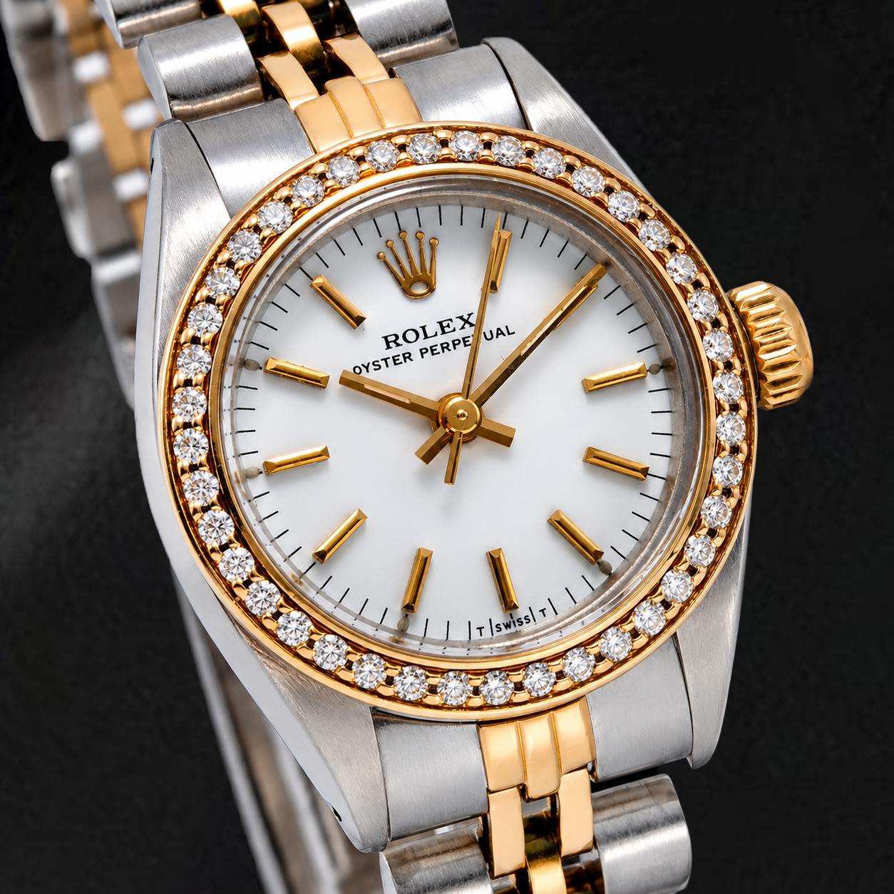 Orologio Rolex Oyster Perpetual 67193 26 mm Quadrante Bianco con Indici a Bastone Bicolore Bracciale Jubilee