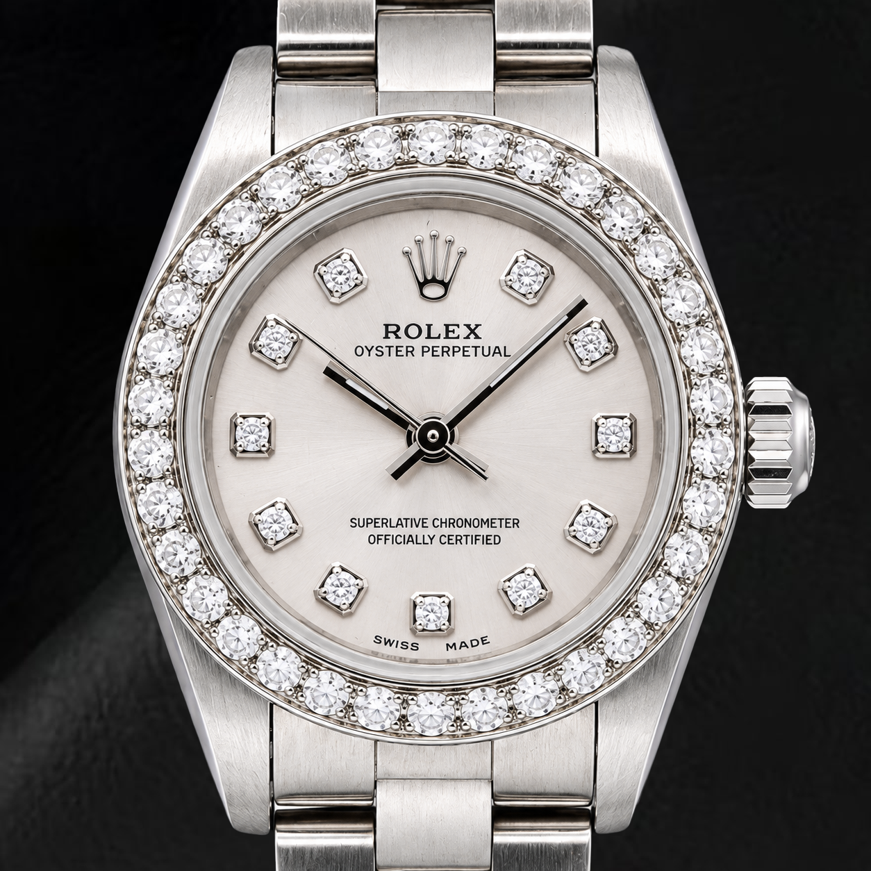 Orologio Rolex Oyster Perpetual 76080 26 mm in Acciaio Inossidabile con Quadrante con Diamanti Argento