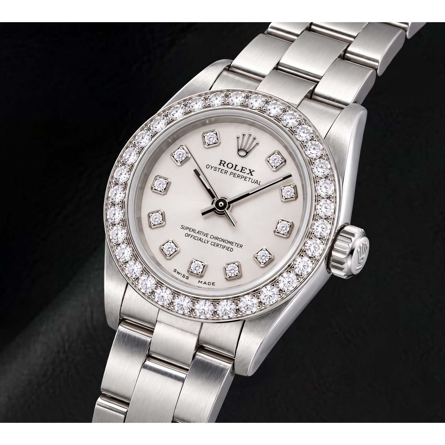 Orologio Rolex Oyster Perpetual 76080 26 mm in Acciaio Inossidabile con Quadrante con Diamanti Argento