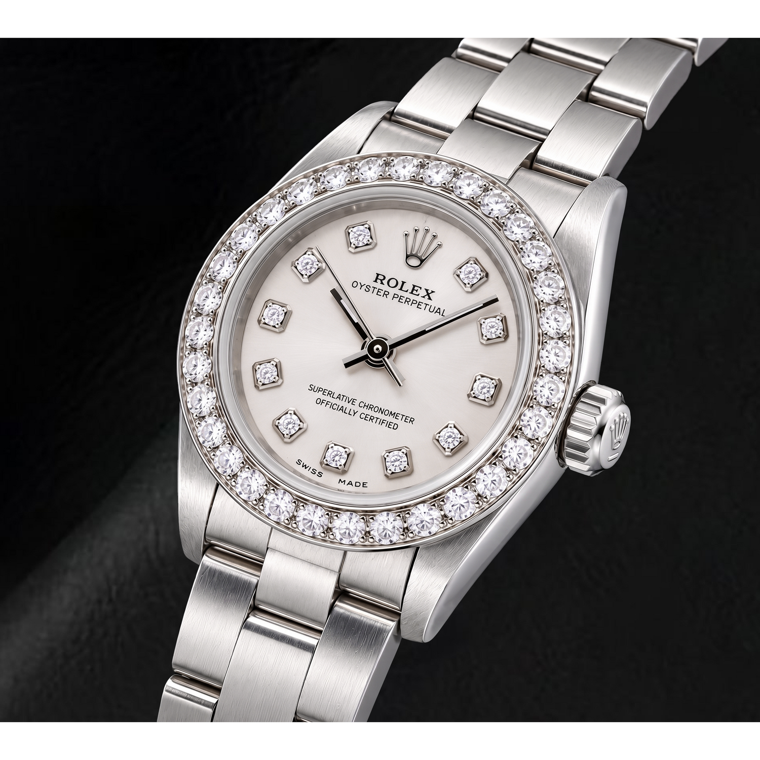 Orologio Rolex Oyster Perpetual 76080 26 mm in Acciaio Inossidabile con Quadrante con Diamanti Argento