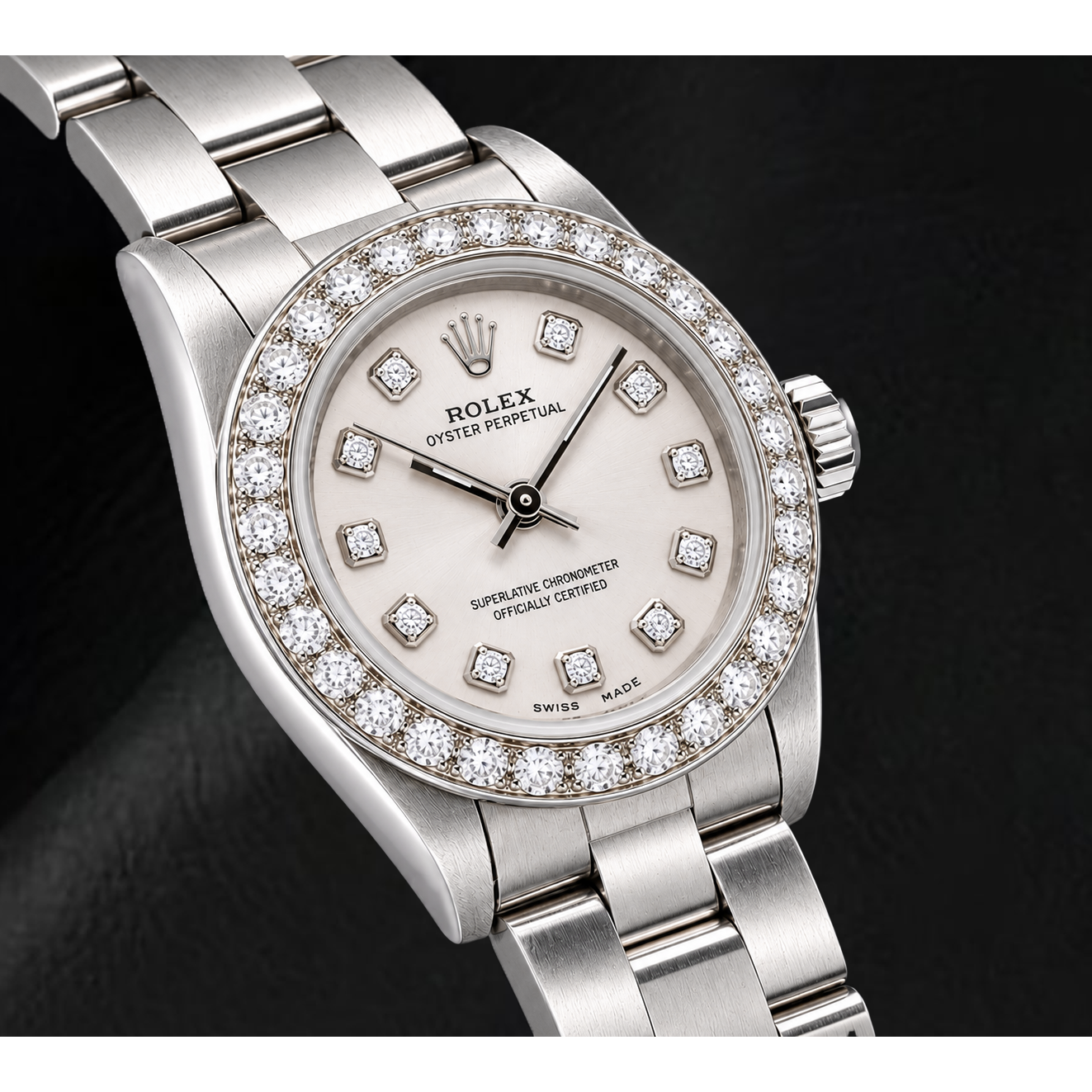 Orologio Rolex Oyster Perpetual 76080 26 mm in Acciaio Inossidabile con Quadrante con Diamanti Argento