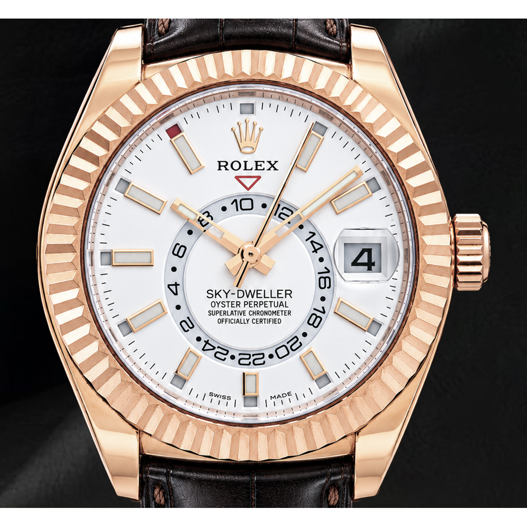 Orologio Rolex Sky-Dweller 326135 42 mm in Oro Rosa con Quadrante Bianco e Cinturino in Pelle Marrone