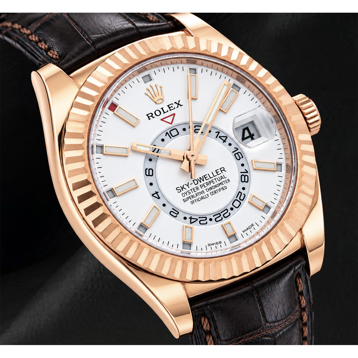 Orologio Rolex Sky-Dweller 326135 42 mm in Oro Rosa con Quadrante Bianco e Cinturino in Pelle Marrone