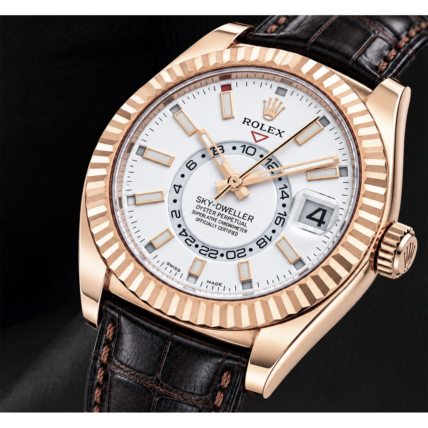 Orologio Rolex Sky-Dweller 326135 42 mm in Oro Rosa con Quadrante Bianco e Cinturino in Pelle Marrone