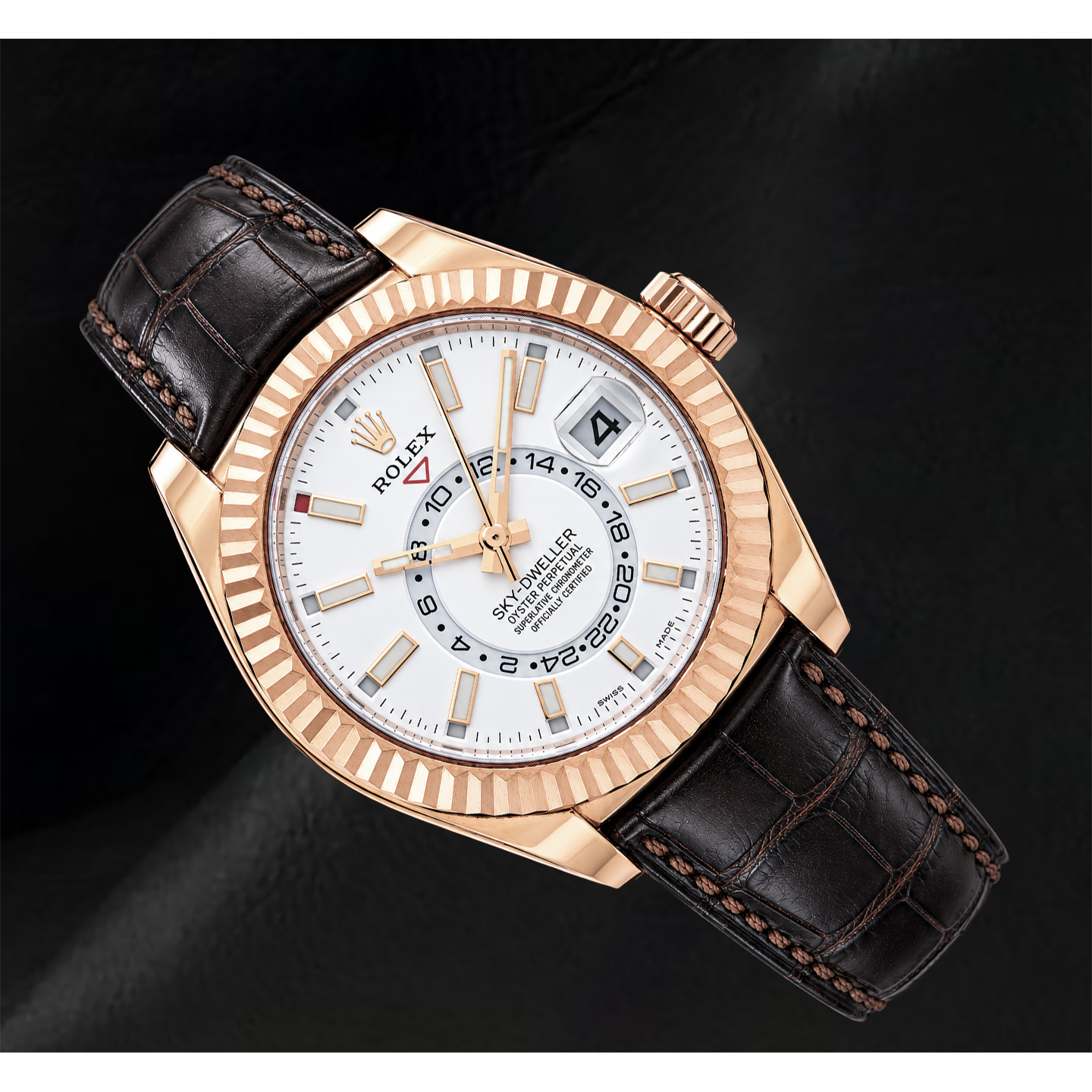 Orologio Rolex Sky-Dweller 326135 42 mm in Oro Rosa con Quadrante Bianco e Cinturino in Pelle Marrone