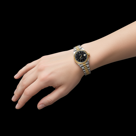 ostrica perpetua quadrante nero a bastoncino acciaio inossidabile e oro orologio da donna Rolex Datejust