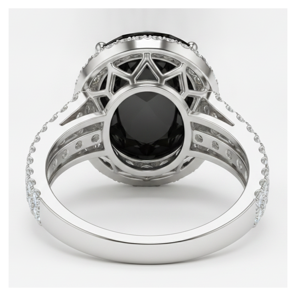 Anello di fidanzamento con diamante nero naturale ovale da 6 carati Halo in Oro Bianco 14K