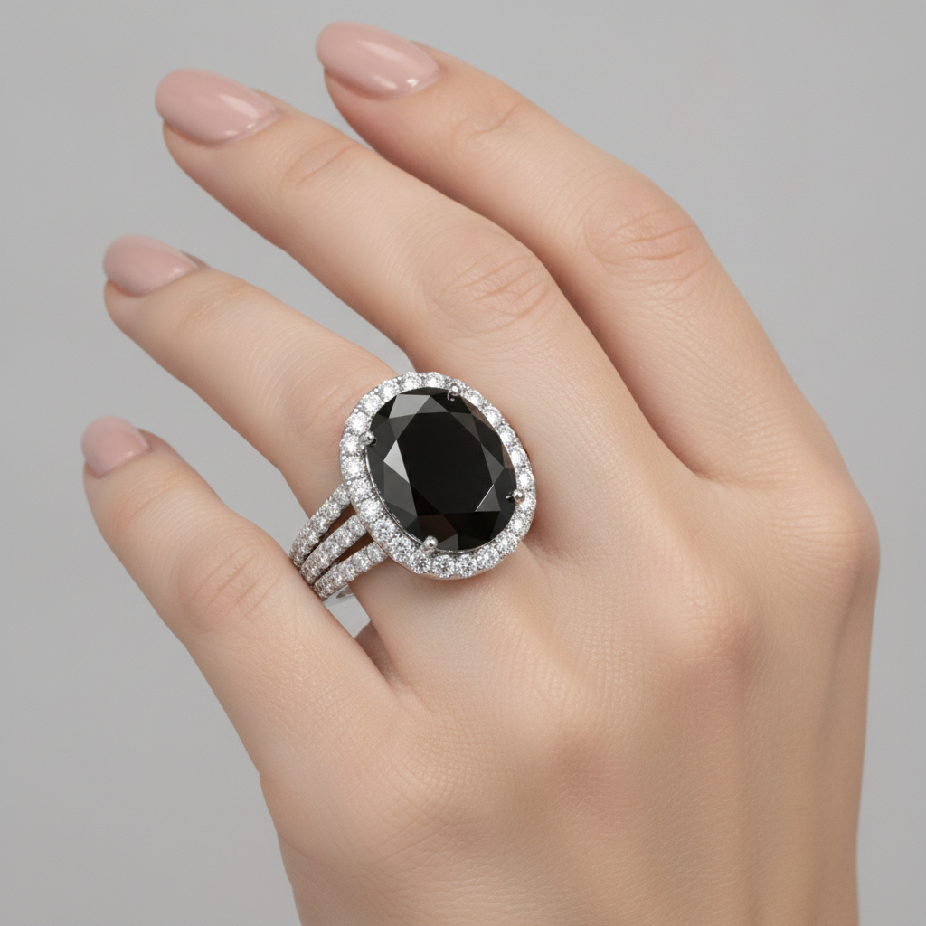 Anello di fidanzamento con diamante nero naturale ovale da 6 carati Halo in Oro Bianco 14K