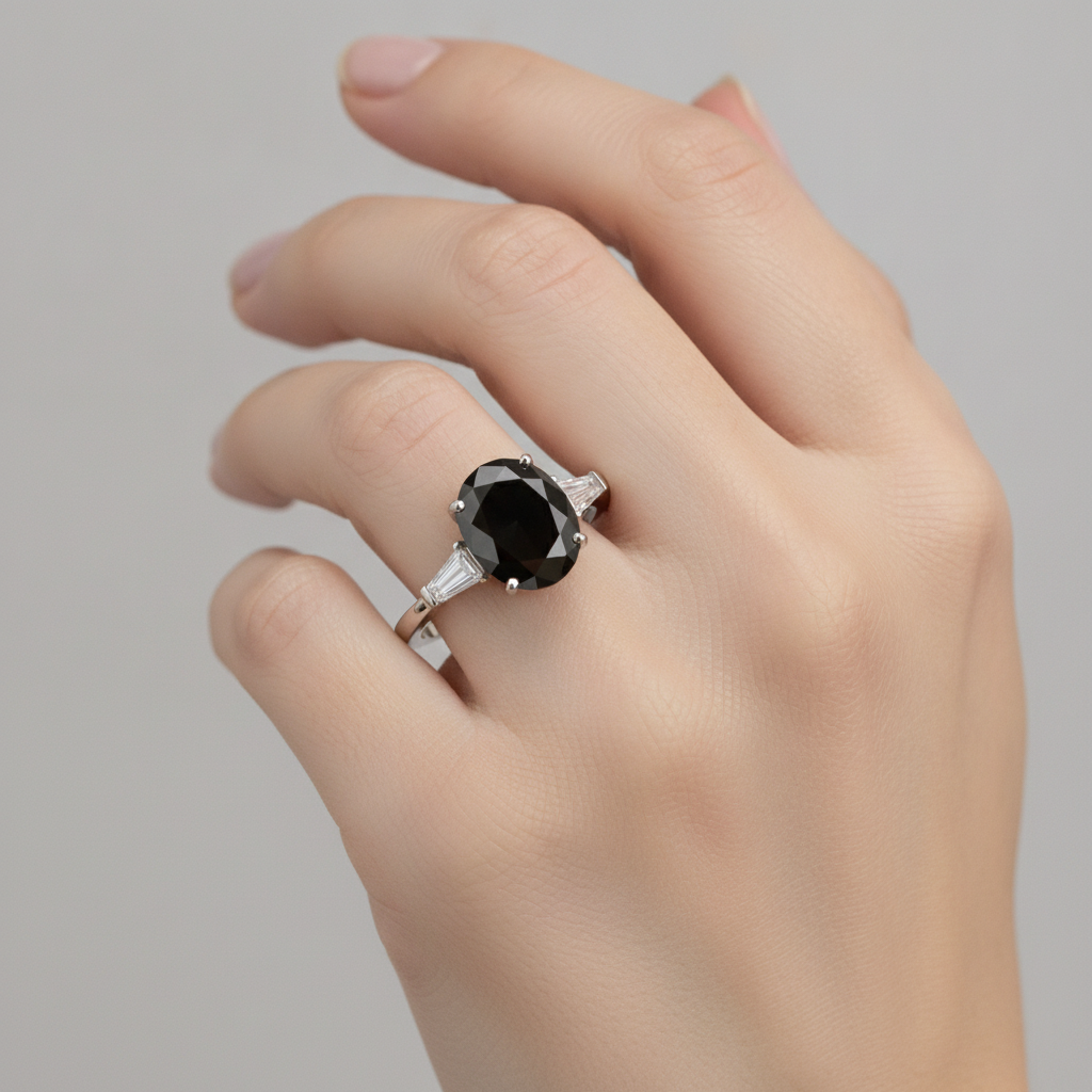 Anello a tre pietre in oro bianco 14K con diamante nero naturale ovale e baguette da 3,6 carati