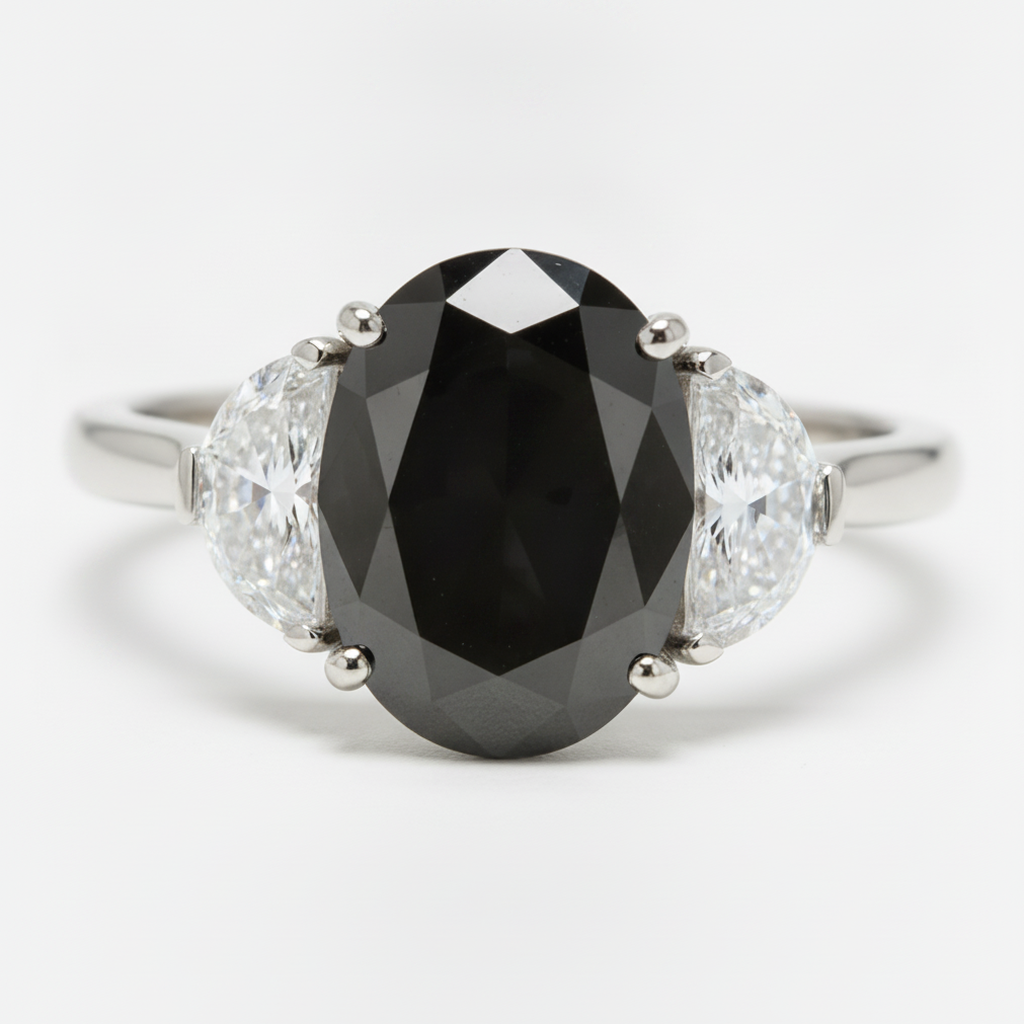 Anello Nuziale a Tre Pietre con Diamante Nero Autentico da 4,6 Carati Ovale e a Mezzaluna in Oro Bianco 14K