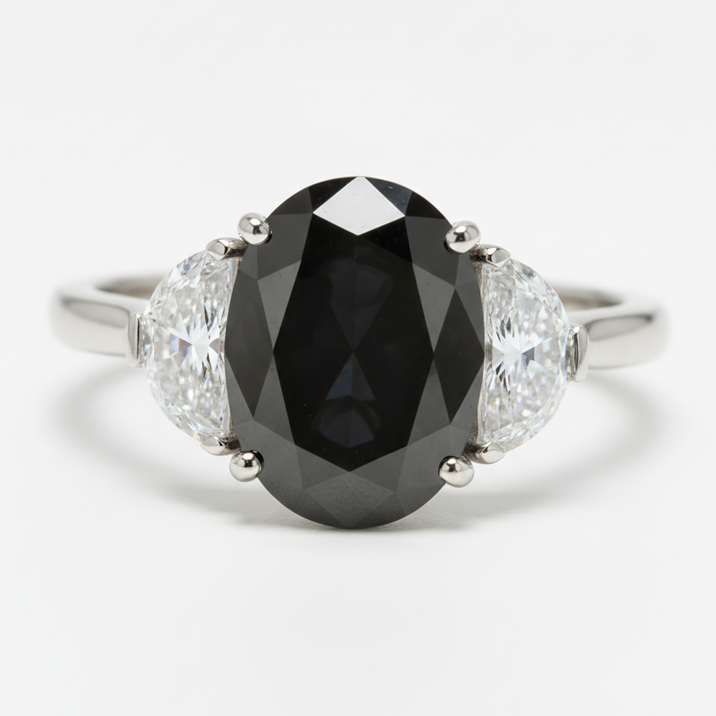 Anello Nuziale a Tre Pietre con Diamante Nero Autentico da 4,6 Carati Ovale e a Mezzaluna in Oro Bianco 14K