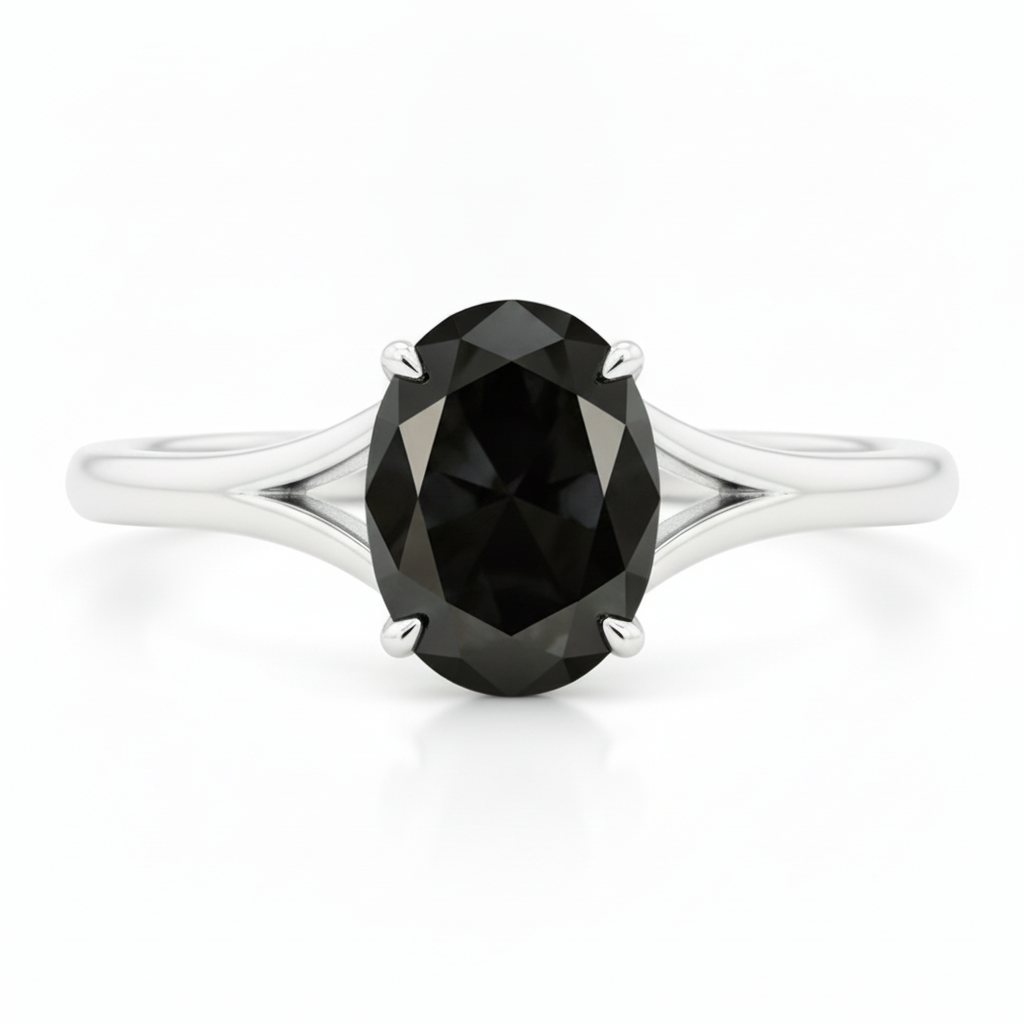 Anello di Fidanzamento Solitario Ovale a Cattedrale con Diamante Nero Naturale da 5 Carati in Oro Bianco 14K