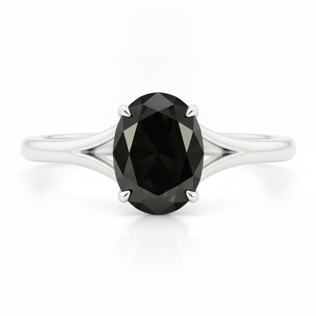 Anello di Fidanzamento Solitario Ovale a Cattedrale con Diamante Nero Naturale da 5 Carati in Oro Bianco 14K