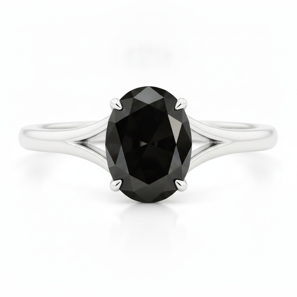 Anello di Fidanzamento Solitario Ovale a Cattedrale con Diamante Nero Naturale da 5 Carati in Oro Bianco 14K