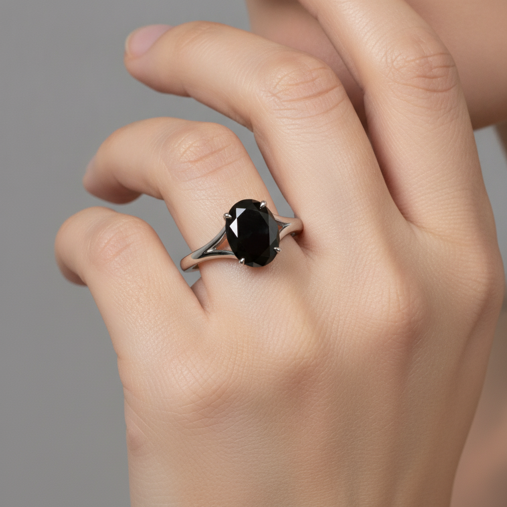 Anello di Fidanzamento Solitario Ovale a Cattedrale con Diamante Nero Naturale da 5 Carati in Oro Bianco 14K
