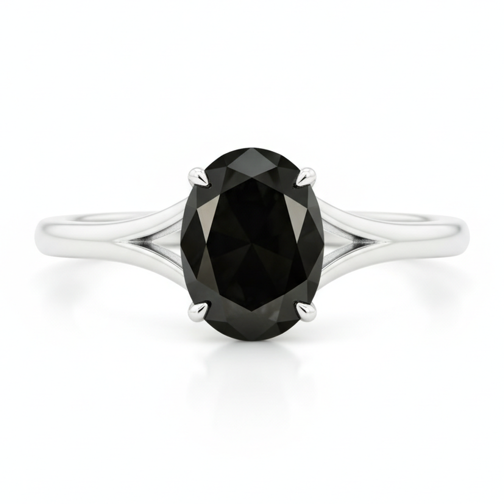 Anello di Fidanzamento Solitario Ovale a Cattedrale con Diamante Nero Naturale da 5 Carati in Oro Bianco 14K