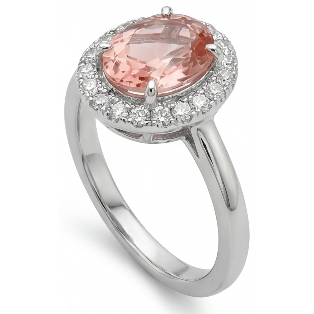 Anello con Zaffiro Padparadscha Ovale da Laboratorio da 4,3 Carati Halo in Oro Bianco 14K