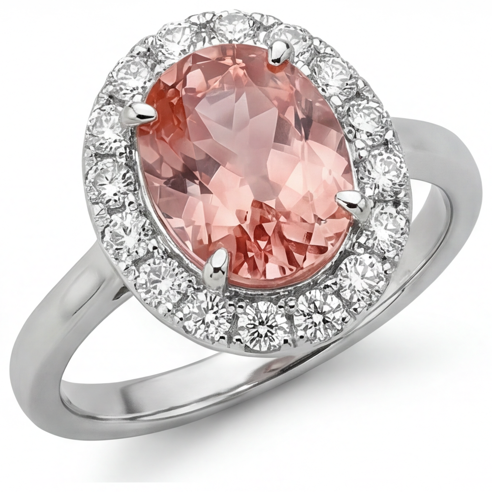 Anello con Zaffiro Padparadscha Ovale da Laboratorio da 4,3 Carati Halo in Oro Bianco 14K