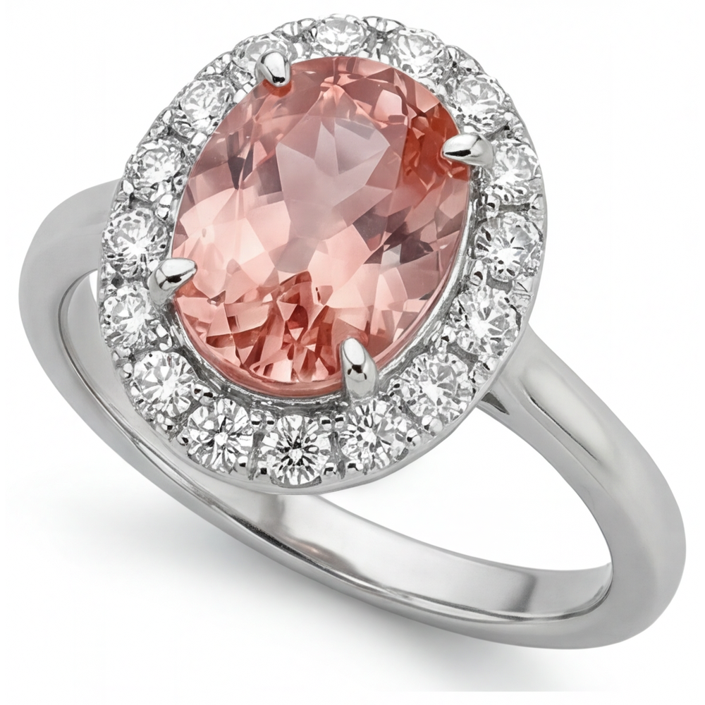 Anello con Zaffiro Padparadscha Ovale da Laboratorio da 4,3 Carati Halo in Oro Bianco 14K