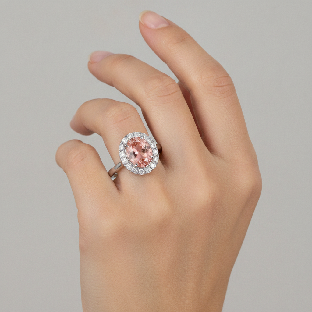 Anello con Zaffiro Padparadscha Ovale da Laboratorio da 4,3 Carati Halo in Oro Bianco 14K