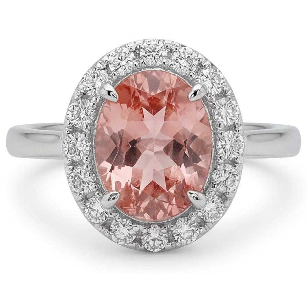 Anello con Zaffiro Padparadscha Ovale da Laboratorio da 4,3 Carati Halo in Oro Bianco 14K