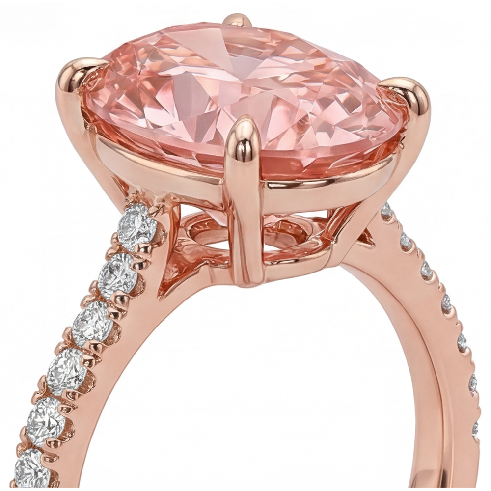 Anello con Zaffiro Padparadscha Ovale da 4,3 Carati da Laboratorio e Pavé in Oro Rosa 14K