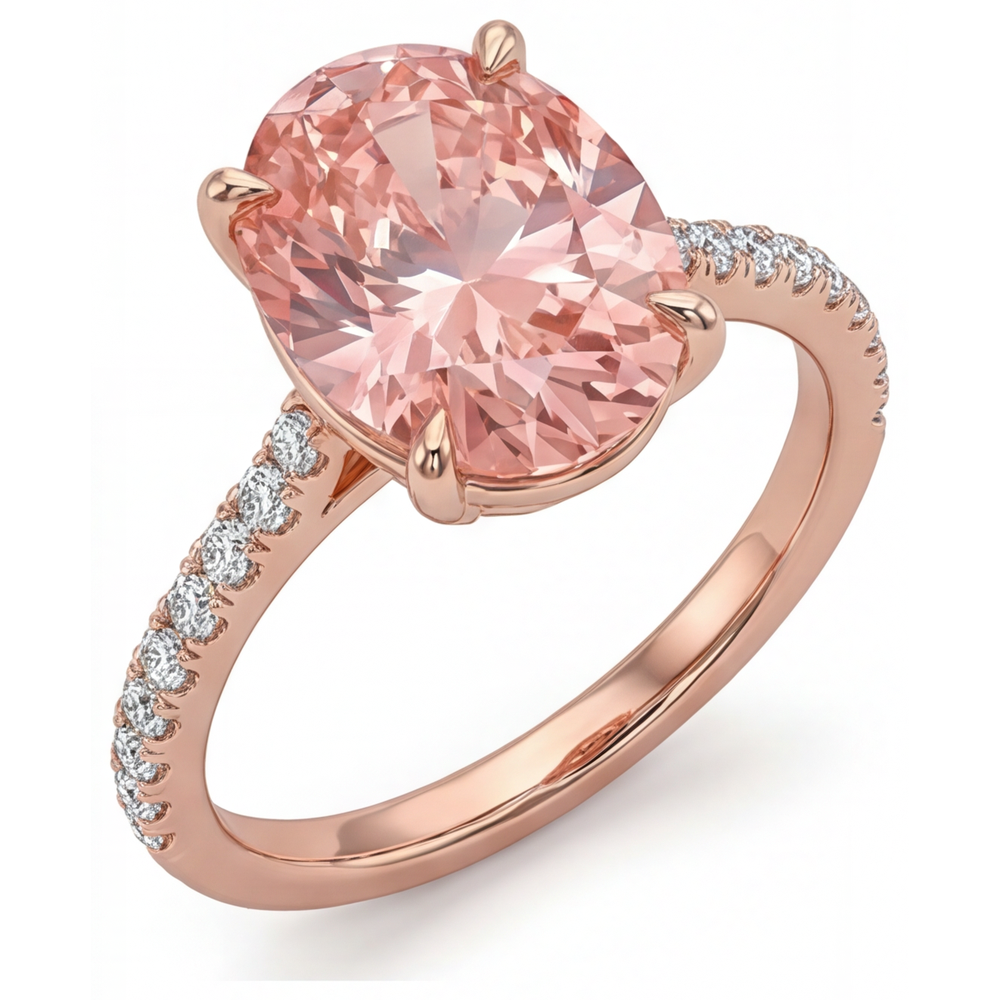 Anello con Zaffiro Padparadscha Ovale da 4,3 Carati da Laboratorio e Pavé in Oro Rosa 14K