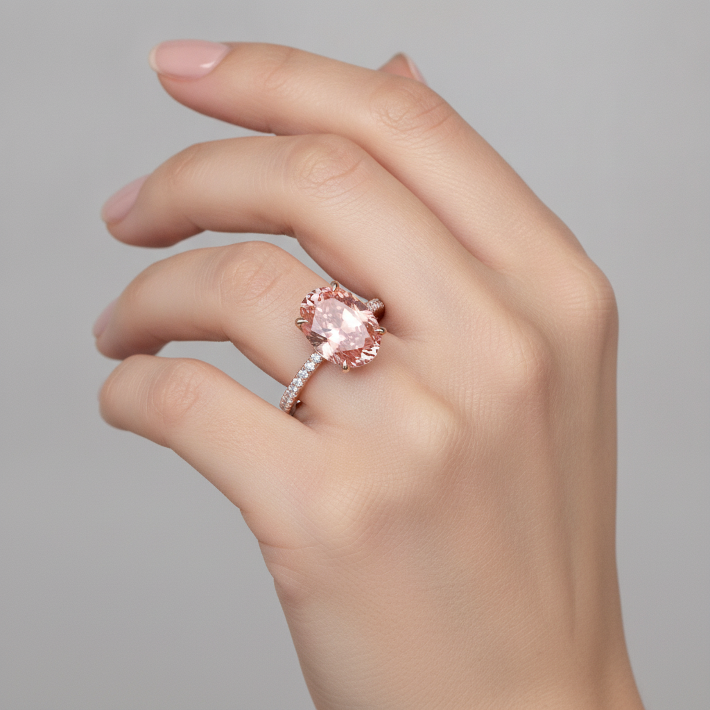 Anello con Zaffiro Padparadscha Ovale da 4,3 Carati da Laboratorio e Pavé in Oro Rosa 14K
