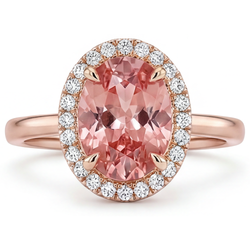 Anello con Zaffiro Pesca Padparadscha Naturale Ovale da 2,8 Carati Halo con Gambo Liscio in Oro Rosa 14K
