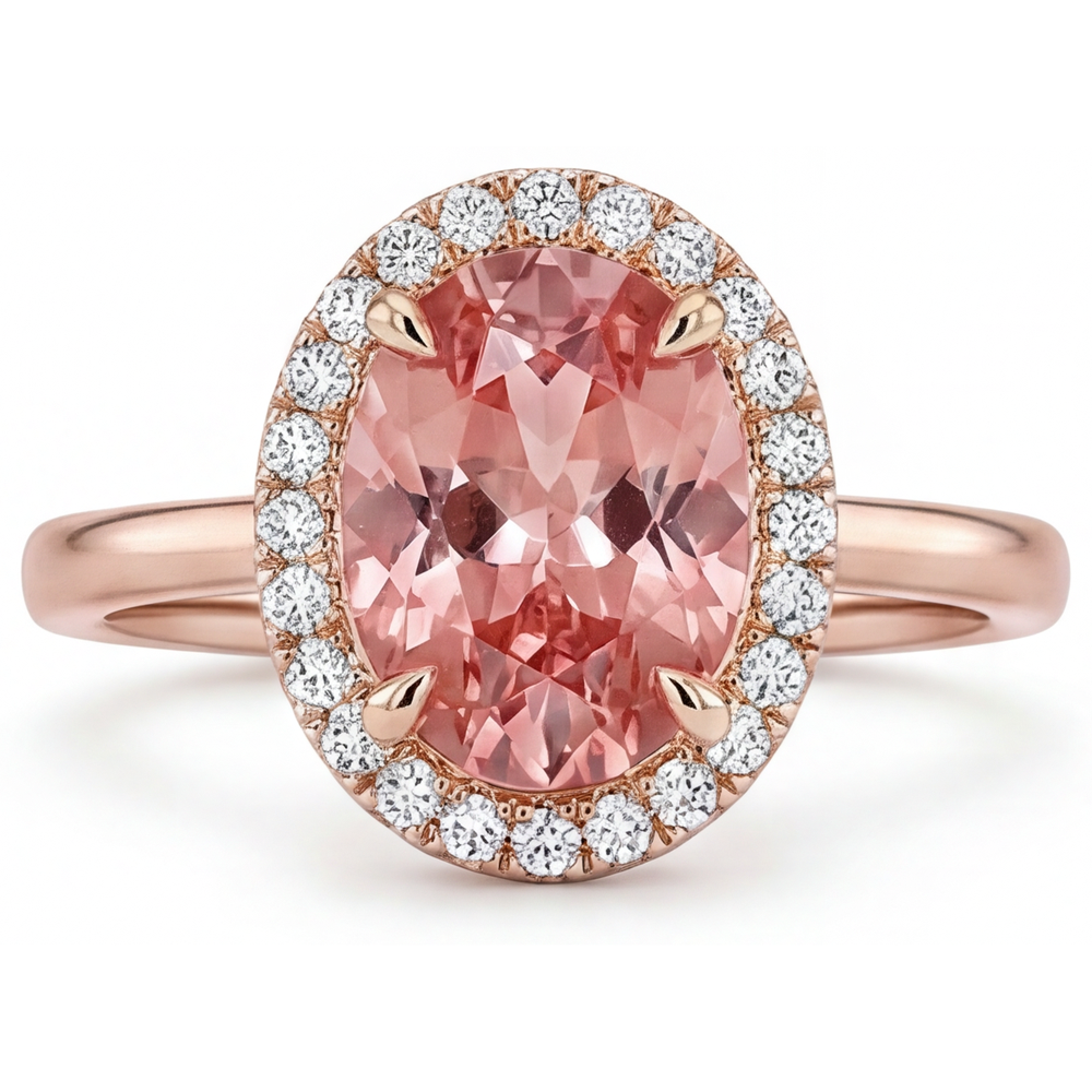 Anello con Zaffiro Pesca Padparadscha Naturale Ovale da 2,8 Carati Halo con Gambo Liscio in Oro Rosa 14K