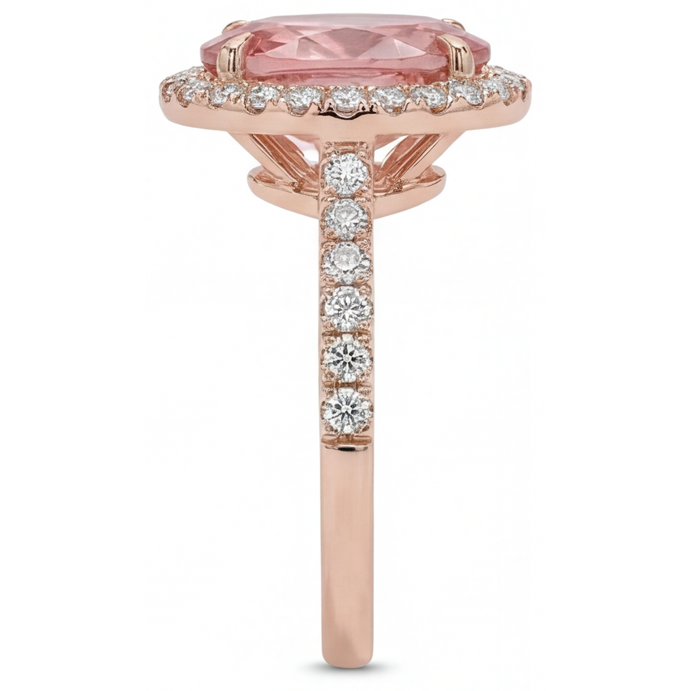 Anello d'epoca con autentico zaffiro Padparadscha da 2,8 carati, Halo ovale e pavé in Oro Rosa 14 carati