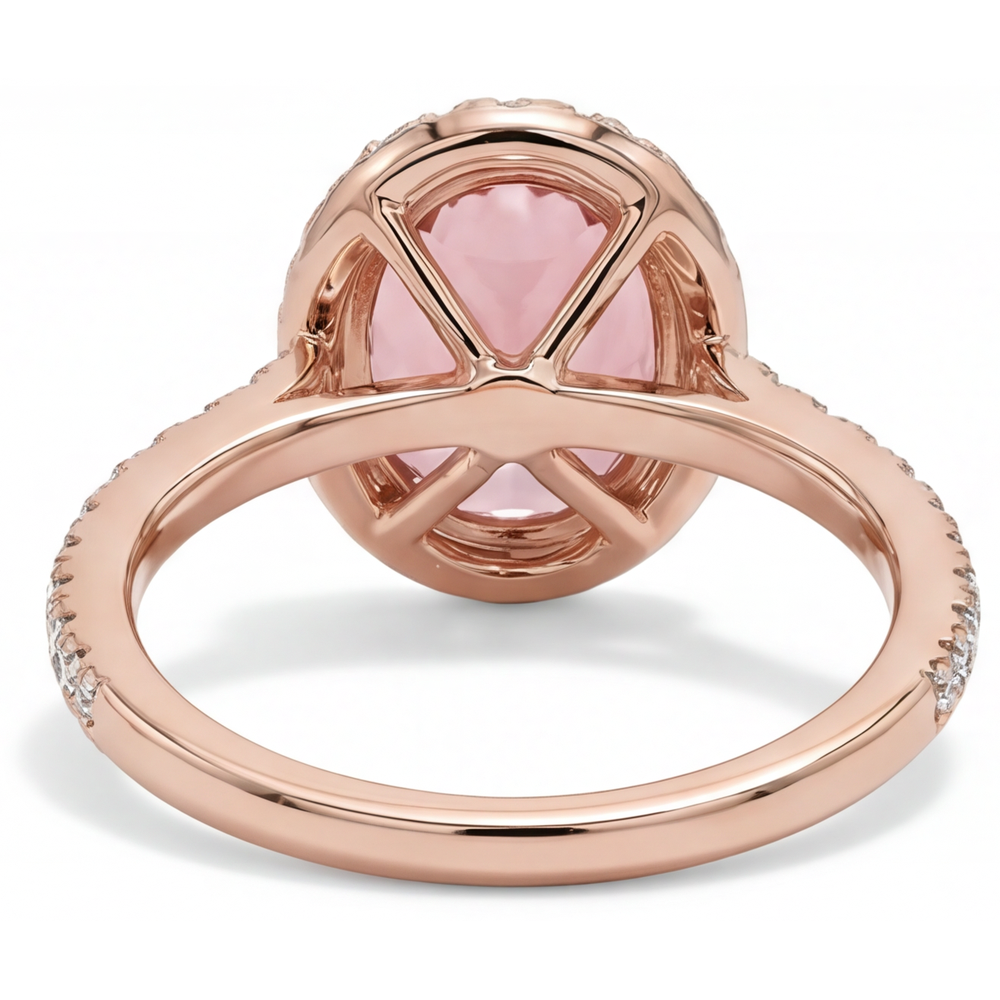 Anello d'epoca con autentico zaffiro Padparadscha da 2,8 carati, Halo ovale e pavé in Oro Rosa 14 carati