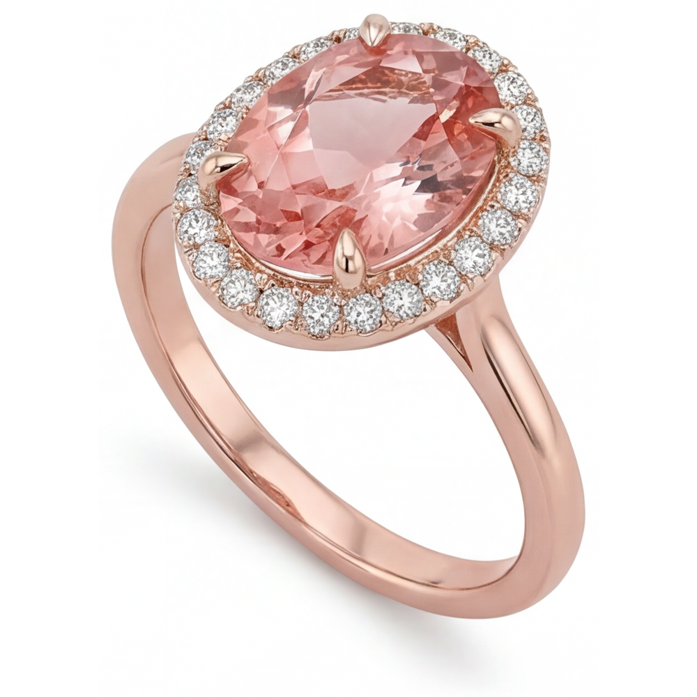 Anello con Zaffiro Pesca Padparadscha Naturale Ovale da 2,8 Carati Halo con Gambo Liscio in Oro Rosa 14K