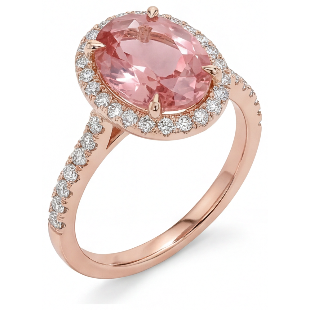 Anello d'epoca con autentico zaffiro Padparadscha da 2,8 carati, Halo ovale e pavé in Oro Rosa 14 carati