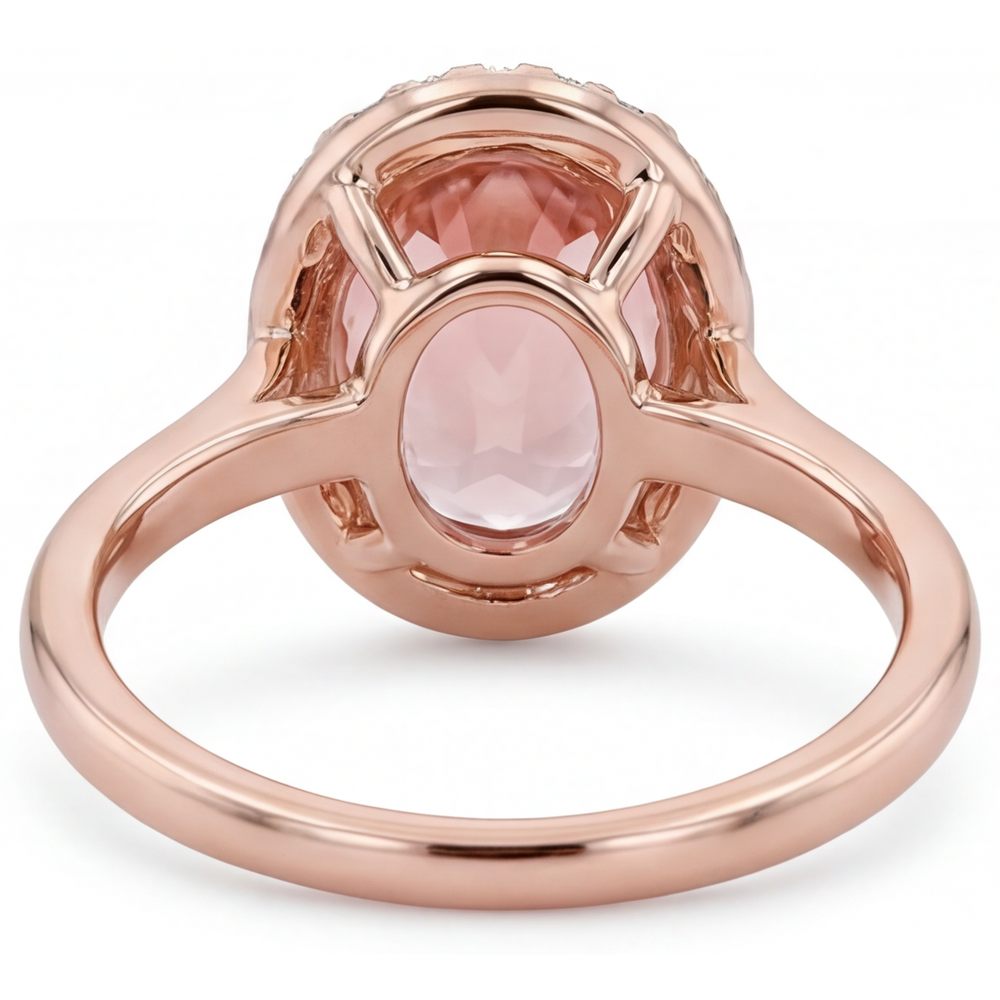 Anello con Zaffiro Pesca Padparadscha Naturale Ovale da 2,8 Carati Halo con Gambo Liscio in Oro Rosa 14K