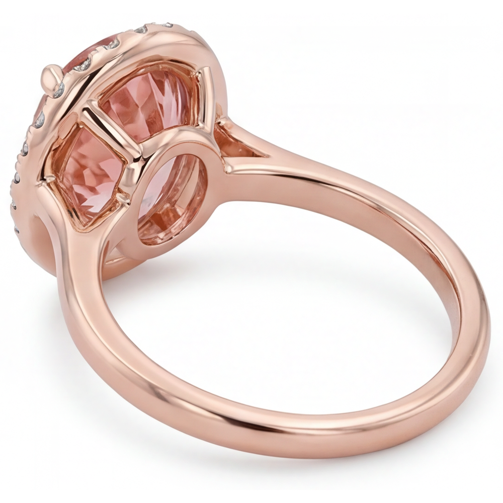 Anello con Zaffiro Pesca Padparadscha Naturale Ovale da 2,8 Carati Halo con Gambo Liscio in Oro Rosa 14K
