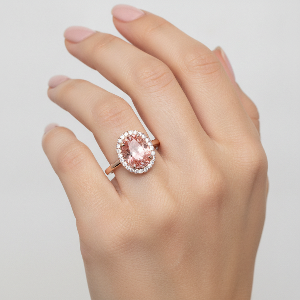 Anello con Zaffiro Pesca Padparadscha Naturale Ovale da 2,8 Carati Halo con Gambo Liscio in Oro Rosa 14K