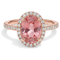 Anello d'epoca con autentico zaffiro Padparadscha da 2,8 carati, Halo ovale e pavé in Oro Rosa 14 carati