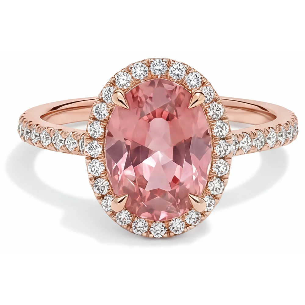 Anello d'epoca con autentico zaffiro Padparadscha da 2,8 carati, Halo ovale e pavé in Oro Rosa 14 carati