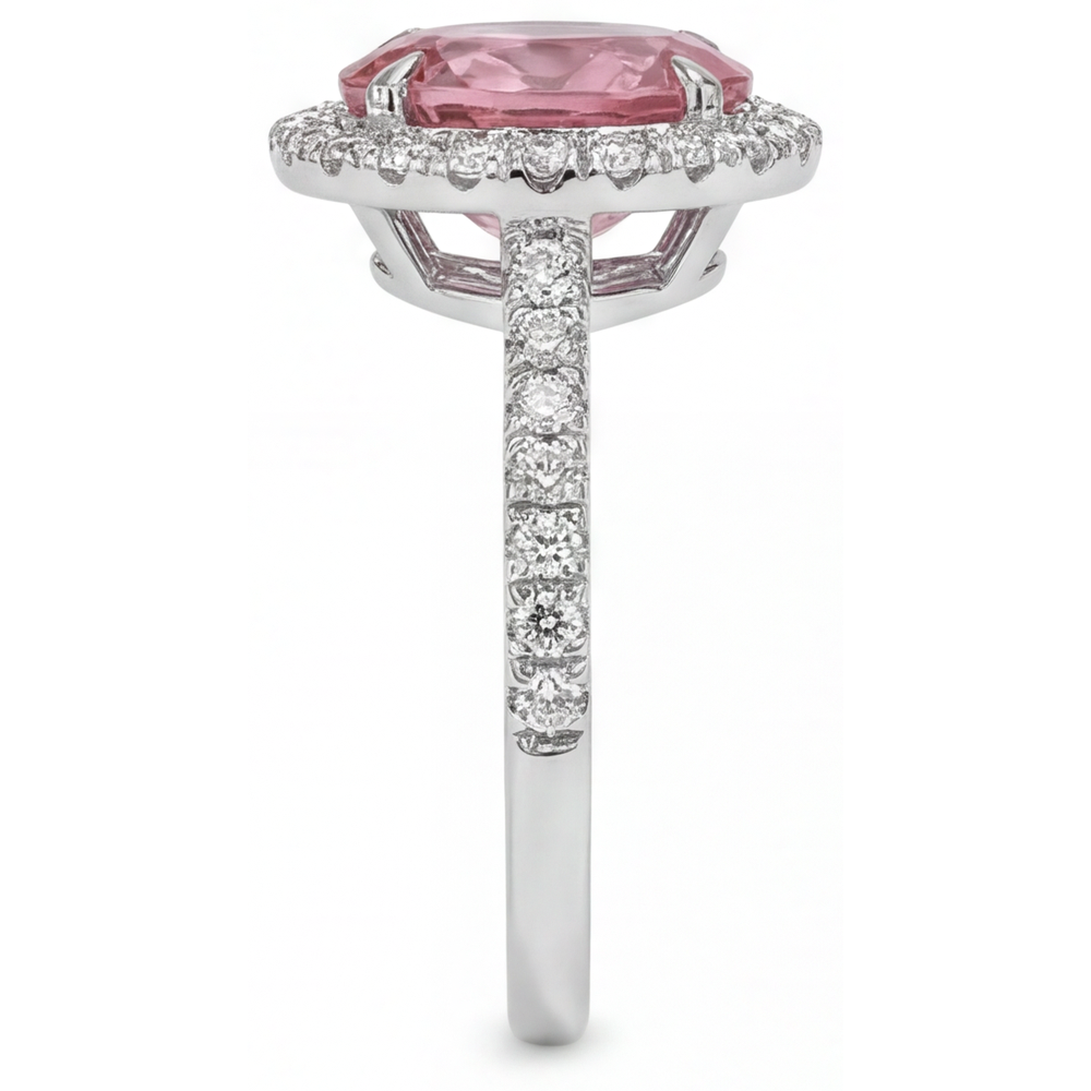 Anello di Fidanzamento Halo con Zaffiro Pesca Padparadscha Naturale Ovale da 2,8 Carati in Oro Bianco 14K