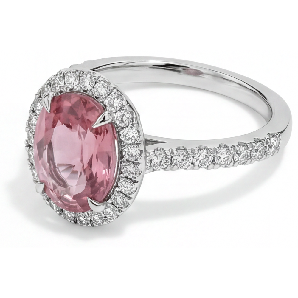 Anello di Fidanzamento Halo con Zaffiro Pesca Padparadscha Naturale Ovale da 2,8 Carati in Oro Bianco 14K