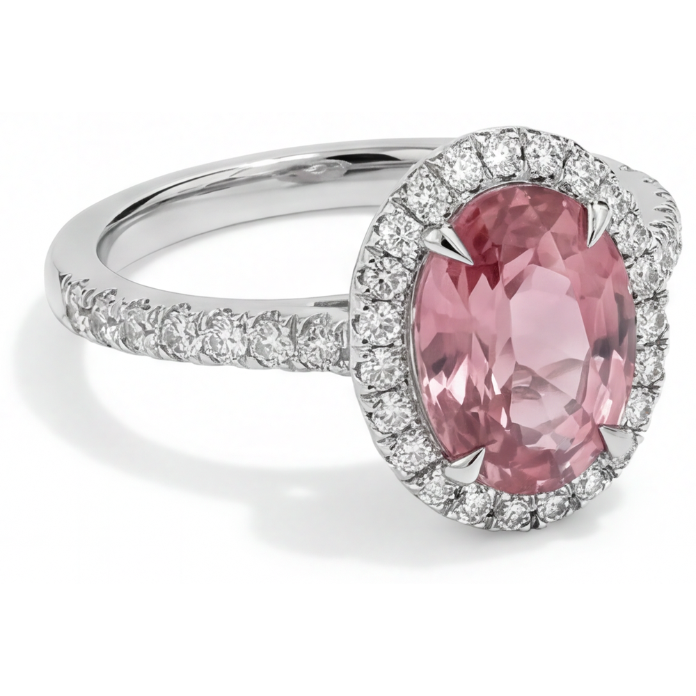 Anello di Fidanzamento Halo con Zaffiro Pesca Padparadscha Naturale Ovale da 2,8 Carati in Oro Bianco 14K