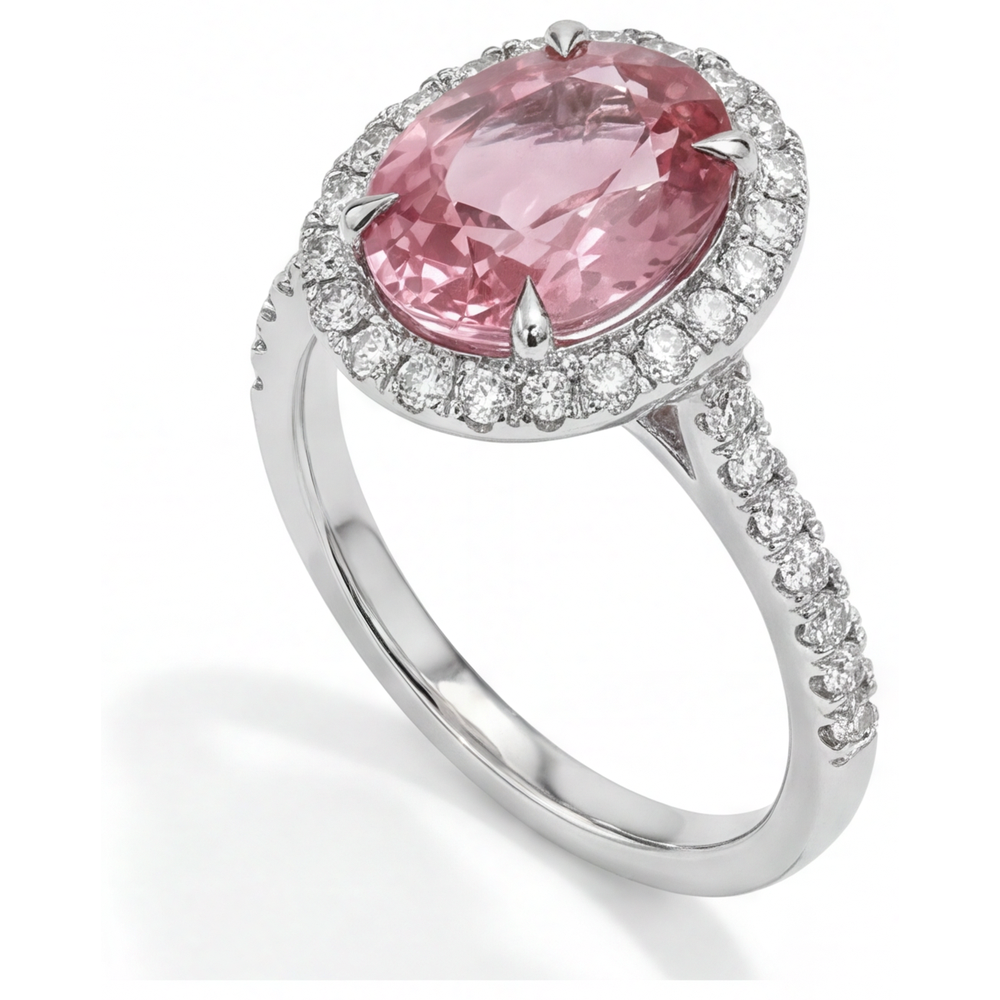 Anello di Fidanzamento Halo con Zaffiro Pesca Padparadscha Naturale Ovale da 2,8 Carati in Oro Bianco 14K