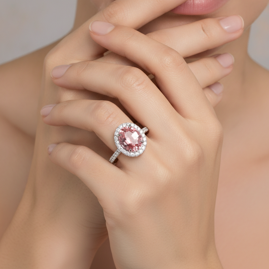 Anello di Fidanzamento Halo con Zaffiro Pesca Padparadscha Naturale Ovale da 2,8 Carati in Oro Bianco 14K